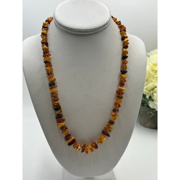Genuine Baltic Amber Chip Bead Natural Honey Brown Gemstone Screw Clasp Necklace - Picture 8 of 12